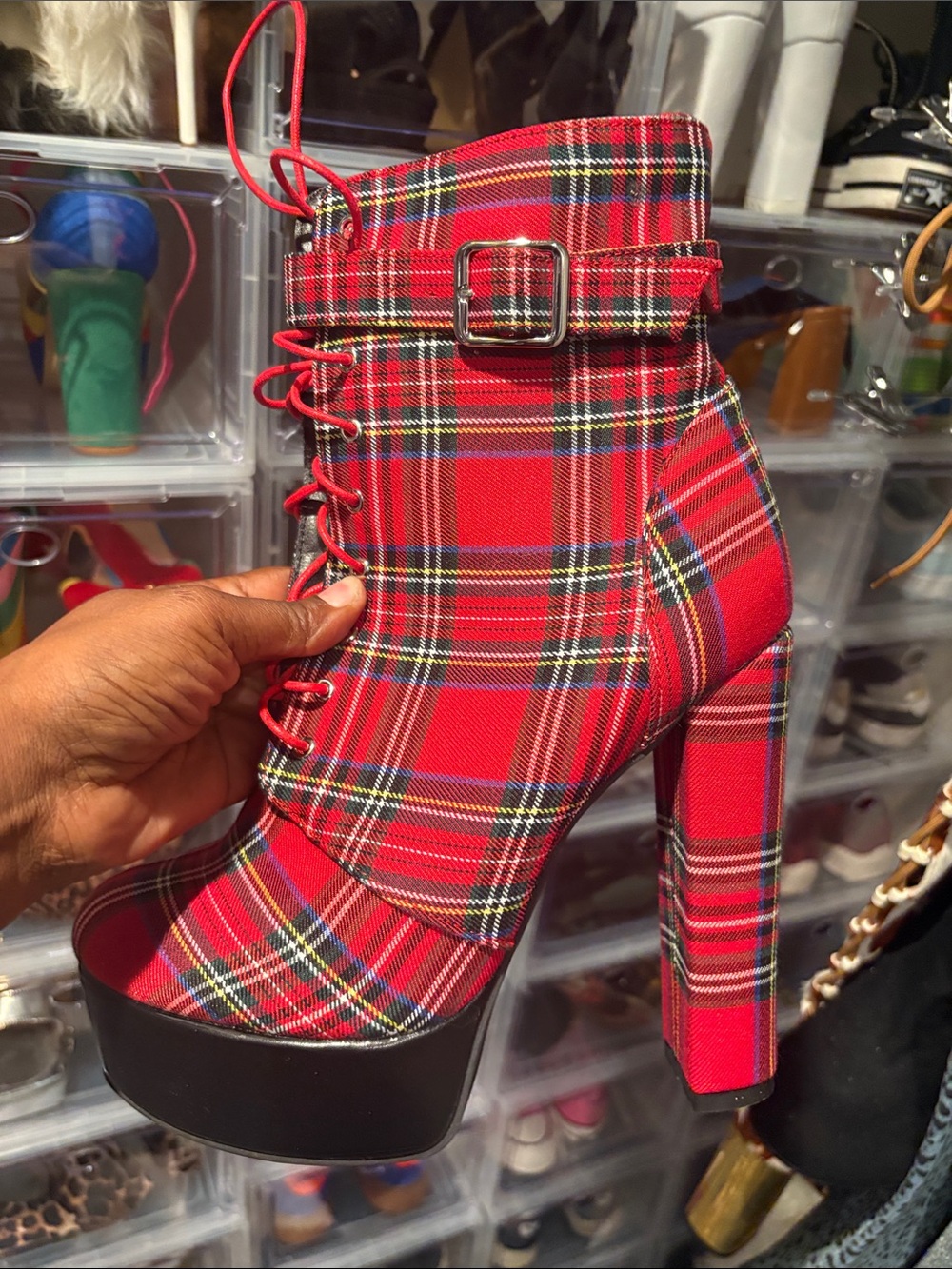 Plaid Platform Lace-Up Ankle Boot with Buckle - Red Plaid